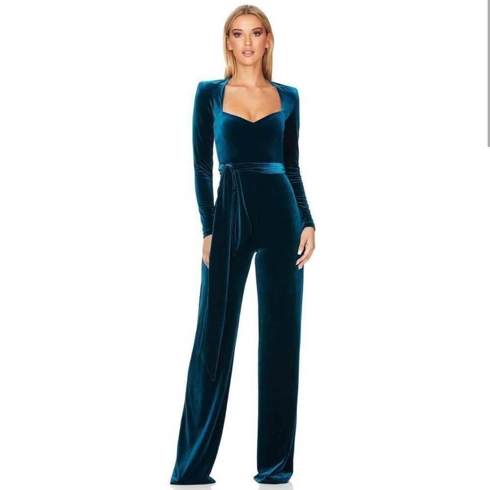 Nookie Long sleeve velvet jumpsuit with waist tie